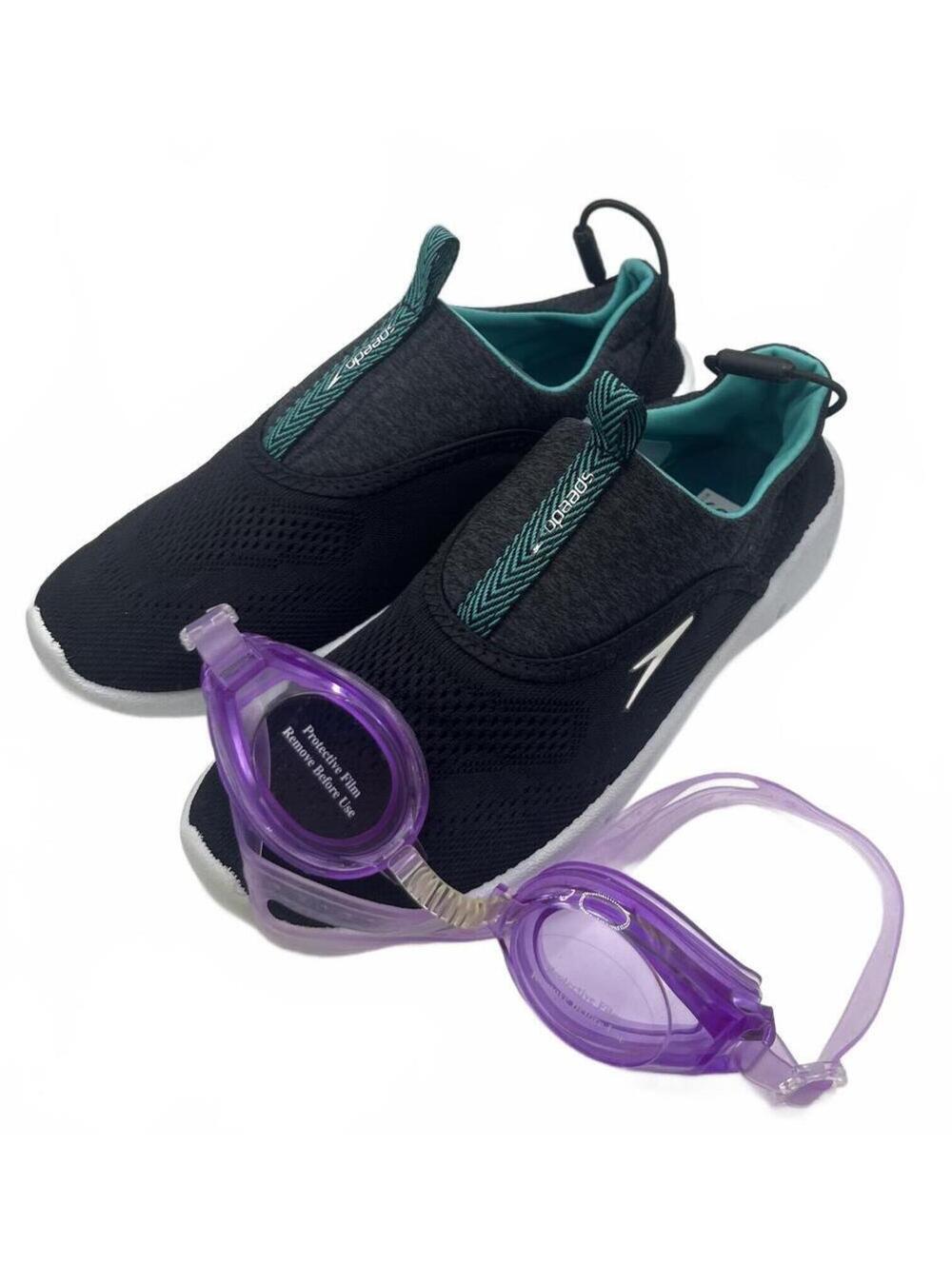 Small Speedo Slip-On Water Shoes Size 5/6 with Purple Swim Goggles Summer Sox